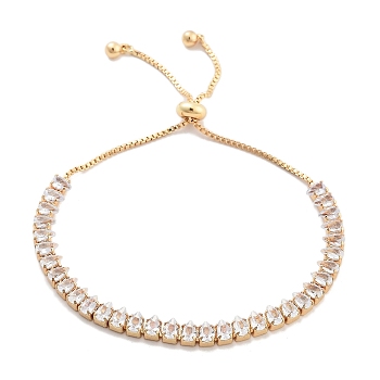 Brass Pave Clear Cubic Zirconia Teardrop Box Chain Slider Bracelets, Nickle Free, Long-Lasting Plated, Golden, 10-3/8 inch(26.4cm)