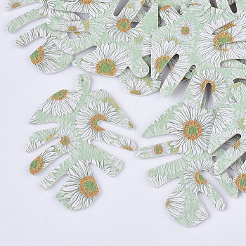 PU Leather Big Pendants, Double-Sided Printing, Daisy Flower Pattern, Leaf, Dark Sea Green, 55x43x2mm, Hole: 1mm