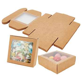 Square Foldable Creative Kraft Paper Box, Gift Box with Visible PVC Window, Tan, 10.5x10.5x4cm