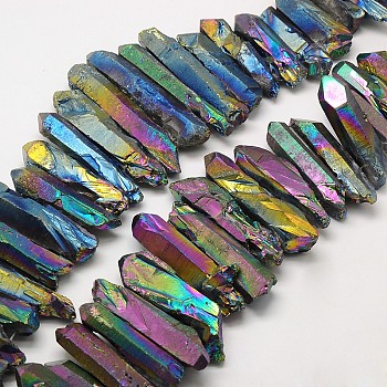 Irregular Strip Electroplated Natural Quartz Crystal Beads Strands, Rainbow Plated, 20~50x6~15x6~15mm, Hole: 1~2mm, 15.3 inch