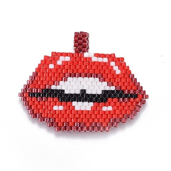 Handmade Japanese Seed Beads Pendants, with Japan Import Thread, Loom Pattern, Lip, Red, 31~33x40~40.5x2mm, Hole: 3mm