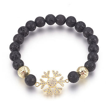 Stretch Bracelets, with Long-Lasting Plated Electroplated Natural Lava Rock, Natural Lava Rock and Brass Cubic Zirconia Beads, Snowflake, Golden, 2-1/4 inch(5.8cm)