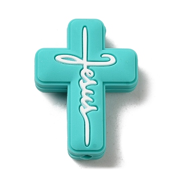 Silicone Beads, Cross with Word Jesus, Dark Turquoise, 30x22x8mm, Hole: 2.5mm