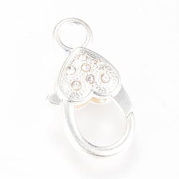 Alloy Rhinestone Lobster Claw Clasps, Heart, Silver Color Plated, 26.5~27x14x6.5mm, Hole: 4mm