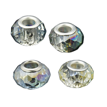 Glass European Beads, Half Plated, with Brass Double Cores, Faceted, Rondelle, Mixed Color, 14x9mm, Hole: 5mm