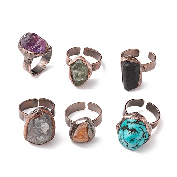 Gemstone Irregular Nugget Open Cuff Ring, Red Copper Brass Jewelry for Women, Cadmium Free & Lead Free, Inner Diameter: 17~19mm