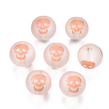 Electroplate Glass Beads, Frosted, Round with Skull Pattern, Sandy Brown, 10mm, Hole: 1.5mm, about 200pcs/bag