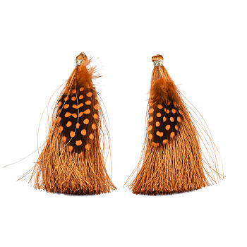 Polyester Tassel Big Pendant Decorations, with Feather and Iron Findings, Goldenrod, 96~100x7mm, Hole: 5mm