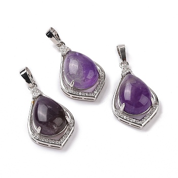 Natural Amethyst Pendants, Teardrop Charms, with Platinum Tone Rack Plating Brass Findings, 32x19x10mm, Hole: 8x5mm