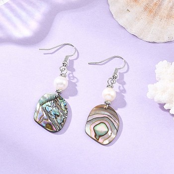 Natural Cultured Freshwater Pearl & Abalone Shell/Paua Shell Beads Dangle Earrings, Nuggets, with 304 Stainless Steel Earring Hooks for Women, Stainless Steel Color, 50x15~16mm