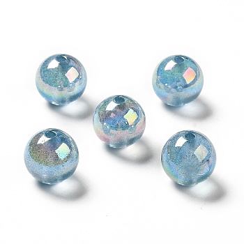 UV Plating Transparent Rainbow Iridescent Acrylic Beads, Glitter Beads, Round, Sky Blue, 15.5~16x15.5mm, Hole: 2.6~2.7mm