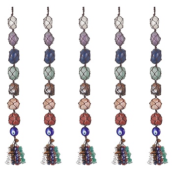 7 Chakra Nuggets Natural Gemstone Pocket Pendant Decorations, Nylon Thread and Gemstone Chip Tassel Hanging Ornaments, Coconut Brown, 340x22mm