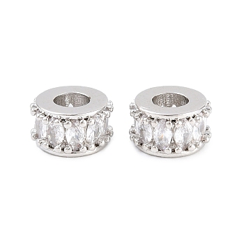 Brass Micro Pave Clear Cubic Zirconia European Beads, Rondelle Wheel Large Hole Bead, Long-Lasting Plated, Rack Plating, Lead Free & Cadmium Free, Platinum, 9x5mm, Hole: 4mm