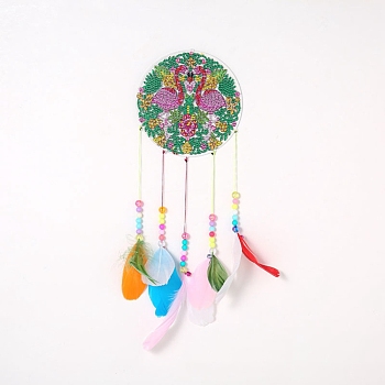 DIY Diamond Painting Hanging Woven Net/Web with Feather Pendant Kits, Including Acrylic Plate, Pen, Tray, Bells and Random Color Feather, Wind Chime Crafts for Home Decor, Flamingo Pattern, 400x146mm