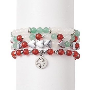 Natural Carnelian(Dyed & Heated) & Green Aventurine & White Agate Beaded Stretch Bracelet Set with Non-magnetic Synthetic Hematite Heart, 304 Stainless Steel Snowflake Charm Bracelet for Women, Inner Diameter: 2-1/2 inch(6.5cm), 4pcs/set