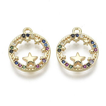 Brass Micro Pave Cubic Zirconia Charms, Nickel Free, Flat Round with Star, Colorful, Real 18K Gold Plated, 14x12x2mm, Hole: 1.2mm