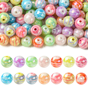 100Pcs 2 Styles AB Color Plated Acrylic Beads, Round with Stripe, Mixed Color, 14mm, Hole: 2.8mm