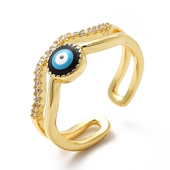 Enamel Evil Eye & Cubic Zirconia Wave Open Cuff Ring, Brass Jewelry for Women, Real 18K Gold Plated, US Size 7 3/4(17.9mm)
