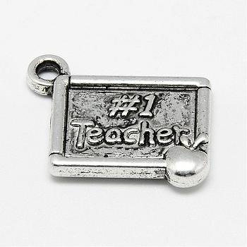 Tibetan Style Alloy Pendants for Teachers' Day, Rectangle with Word, Cadmium Free & Lead Free, Antique Silver, 23.5x20x3mm, Hole: 2mm, about 470pcs/1000g