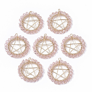 Glass Pendants, Wire Wrapped Pendants, with Real 18K Gold Plated Brass Wires and Linking Rings, Nickel Free, Star, Pink, 26.5x24x3mm, Hole: 2.5mm