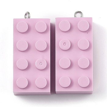 Opaque Acrylic Pendants, with Platinum Iron Loop, Long Rectangle Building Block Charms, Pearl Pink, 36x16x11.5mm, Hole: 1.5mm