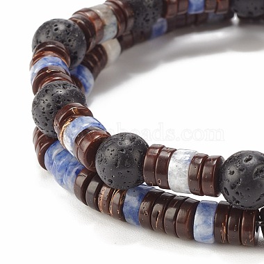 2Pcs 2 Style Natural Coconut & Blue Spot Jasper & Lava Rock Beaded Stretch Bracelets Set(BJEW-JB07944)-6