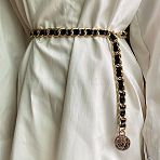 Alloy PU Leather Braided Waist Chains for Woman, with Flat Round Charms, Black, Golden, 1100mm(WGB955C-05)