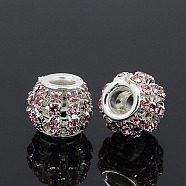 Brass Rhinestone European Beads, Large Hole Beads, Rondelle, Silver Color Plated, Light Rose, 12x10mm, Hole: 4mm(RB-I066-27S)