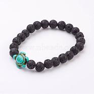 Lava Rock Beaded Stretch Bracelets, with Synthetic Turquoise(Dyed) Tortoise Bead, 2-1/8 inch(54mm)(BJEW-JB03036-02)