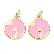 Brass Enamel Pendants, Long-Lasting Plated, Real 18K Gold Plated, Flat Round with Moon and Cat, Pink, 15.5x13x2mm, Hole: 3mm(ZIRC-J041-03D)