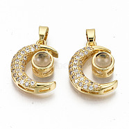 Brass Micro Pave Clear Cubic Zirconia Pendants, with Glass, Nickel Free, Moon, Real 16K Gold Plated, 19x14x7mm, Hole: 2.5x5mm(ZIRC-S067-202-NF)
