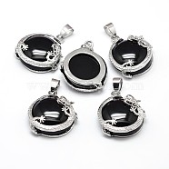 Flat Round with Dragon Platinum Plated Brass Natural Black Agate Pendants, Cadmium Free & Lead Free, 26.5x24x9mm, Hole: 7x4mm(G-F228-24K-RS)