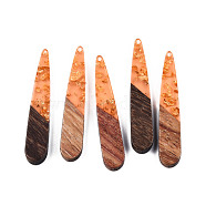 Transparent Resin & Walnut Wood Pendants, with Gold Foil, Teardrop, Light Salmon, 44x7.5x3mm, Hole: 1.5mm(RESI-S389-039A-B04)