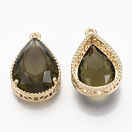 Faceted Glass Pendants, with Golden Tone Brass Open Back Settings, Teardrop, Olive, 23x15.5x6.5mm, Hole: 1.5mm(X-GLAA-T010-016B)