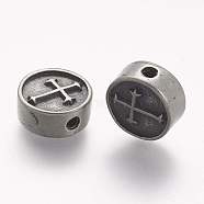 304 Stainless Steel Beads, Flat Round with Cross, Antique Silver, 11x4.5mm, Hole: 2mm(STAS-K132-095AS)