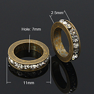 Brass Rhinestone Spacer Beads, Grade A, Antique Bronze Color, Flat Round, Crystal, 11x2.5mm, Hole: 8mm(RB-H252-01AB)