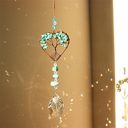Synthetic Turquoise Chip Wrapped Heart with Tree of Life Hanging Ornaments, Glass Teardrop Tassel Suncatchers for Home Outdoor Decoration, 180mm(PW-WG90532-08)