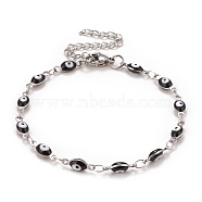 Enamel Horse Eye Link Chains Bracelet, 304 Stainless Steel Jewelry for Women, Stainless Steel Color, Black, 6-3/4 inch(17.1cm)(BJEW-P271-05P-04)