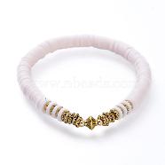 Stretch Bracelets, with Polymer Clay Heishi Beads, Antique Golden Plated Alloy Spacer Beads and Brass Round Beads, White, 2-1/4 inch(5.7cm)(BJEW-JB05094-01)