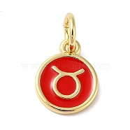 Real 18K Gold Plated Brass Enamel Charms, with Jump Ring, Long-Lasting Plated, Lead Free & Cadmium Free, Flat Round with Taurus Charms, Red, 10x8x1mm, Hole: 4mm(KK-L216-001G-D03)