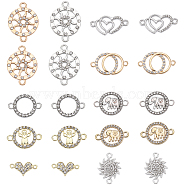 40Pcs 10 Styles Alloy Connector Charms with Crystal Rhinestone, Flat Round & Ring & Heart, Mixed Shapes, Platinum & Golden, 9~27x16~25x1.7~2.5mm, Hole: 1.5~2.4mm, 4pcs/style(ALRI-SC0001-34)