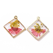 Transparent Clear Epoxy Resin Pendants, with Edge Golden Plated Alloy Loops, Rhombus Charms with Inner Flower, Red, 30x26.5x3mm, Hole: 1.8mm(RESI-L036-11KCG-02)