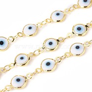 Handmade Evil Eye Lampwork Link Chains, Soldered, with Brass Findings, with Spool, Long-Lasting Plated, Flat Round, Golden, White, 13x7x2.5mm, Hole: 1.5mm, about 32.8 Feet(10m)/roll(CHC-F009-01B-G02)