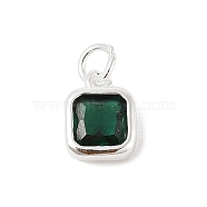 925 Sterling Silver Pave Cubic Zirconia Square Charms with Jump Rings and 925 Stamp, Silver Color Plated, Dark Green, 8.5x6.5x3.5mm, Hole: 2.5mm(STER-D288-05S-01)