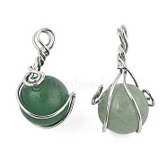 Natural Green Aventurine Pendants, with Platinum Plated Brass Wire Wrapped, Round Charm, 28.5~34x18.5~20x17~19mm, Hole: 4~5.5mm(G-N333-013B)