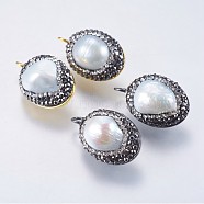 Natural Cultured Freshwater Pearl Pendants, with Polymer Clay Rhinestone and Brass Findings, Oval, Platinum & Golden, 23x14.5mm, Hole: 2.5mm(RB-P028-08)