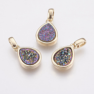 Natural Druzy Agate Pendants, with Brass Finding, teardrop, Golden, Colorful, 14.5x10x3~4mm, Hole: 2x2.5mm(KK-G343-13F-G)