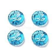 Plating Transparent Acrylic Beads, Metal Enlaced, Flat Round with Flower Pattern, Deep Sky Blue, 17.5~18x5~5.5mm, Hole: 1.8mm, about 399pcs/500g(OACR-G016-27J)