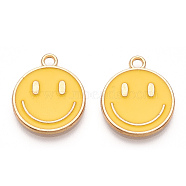 Light Gold Tone Alloy Enamel Pendants, Flat Round with Smiling Face Charms, Light Gold, 19x16x1.5mm, Hole: 1.8mm(ENAM-N056-197E)