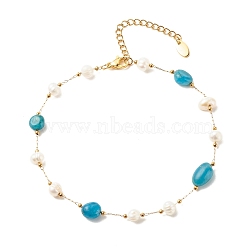 Natural Apatite & Pearl Beaded Anklet, Gold Plated Stainless Steel Jewelry for Women, 9.65~9.92 inch(245~252mm)(AJEW-AN00500-04)